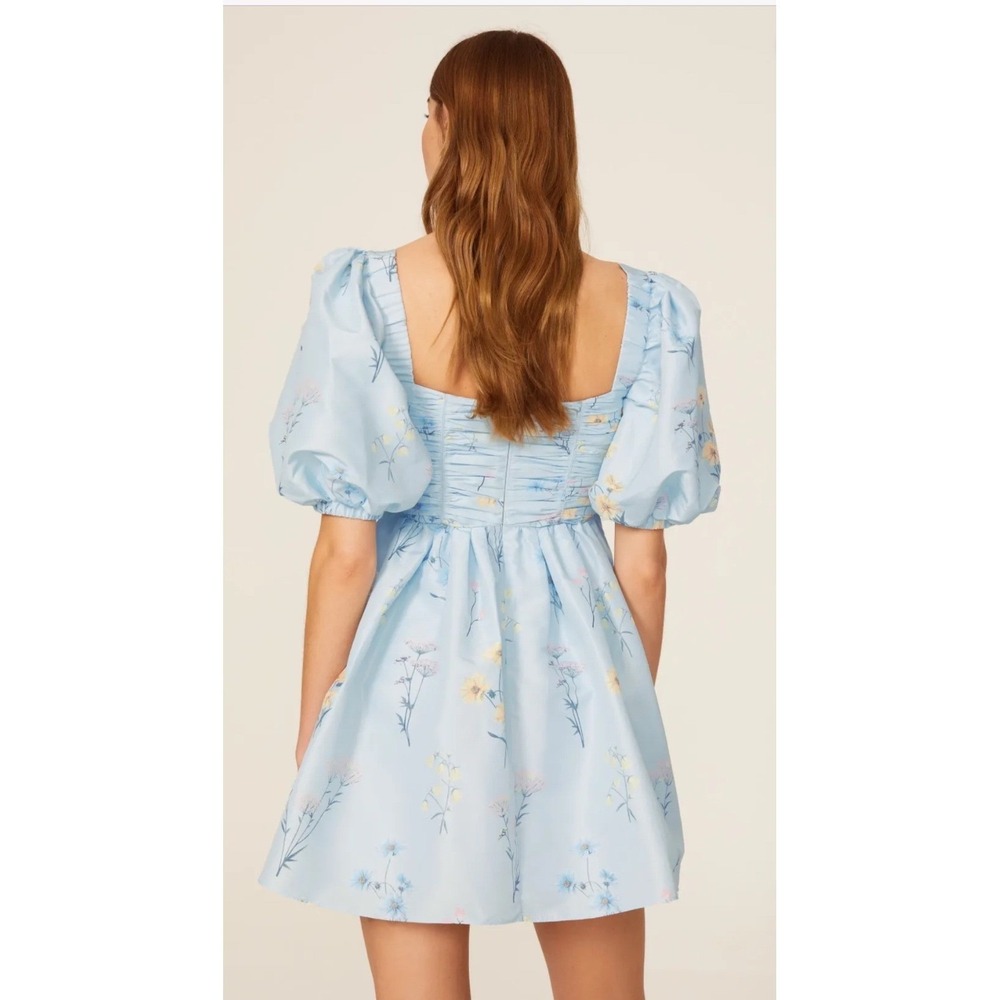 Self-Portrait Light Blue Floral Taffeta Puff Sleeve Mini Dress Square Neck 10 - Picture 2 of 8